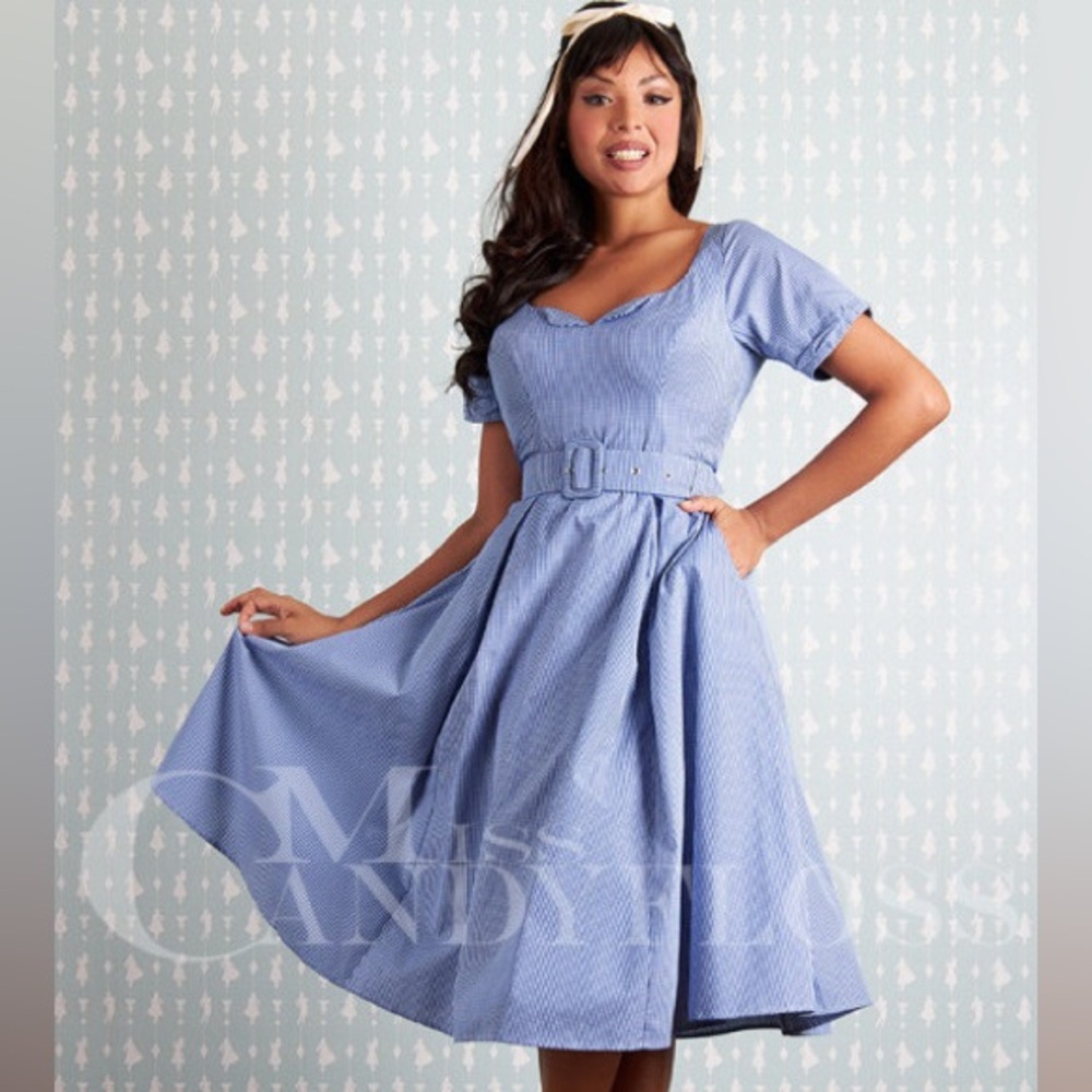 💛SOLD💛NWT Miss Candyfloss Blue Gingham Cosima-Lee Pinup Dress: L ‎
